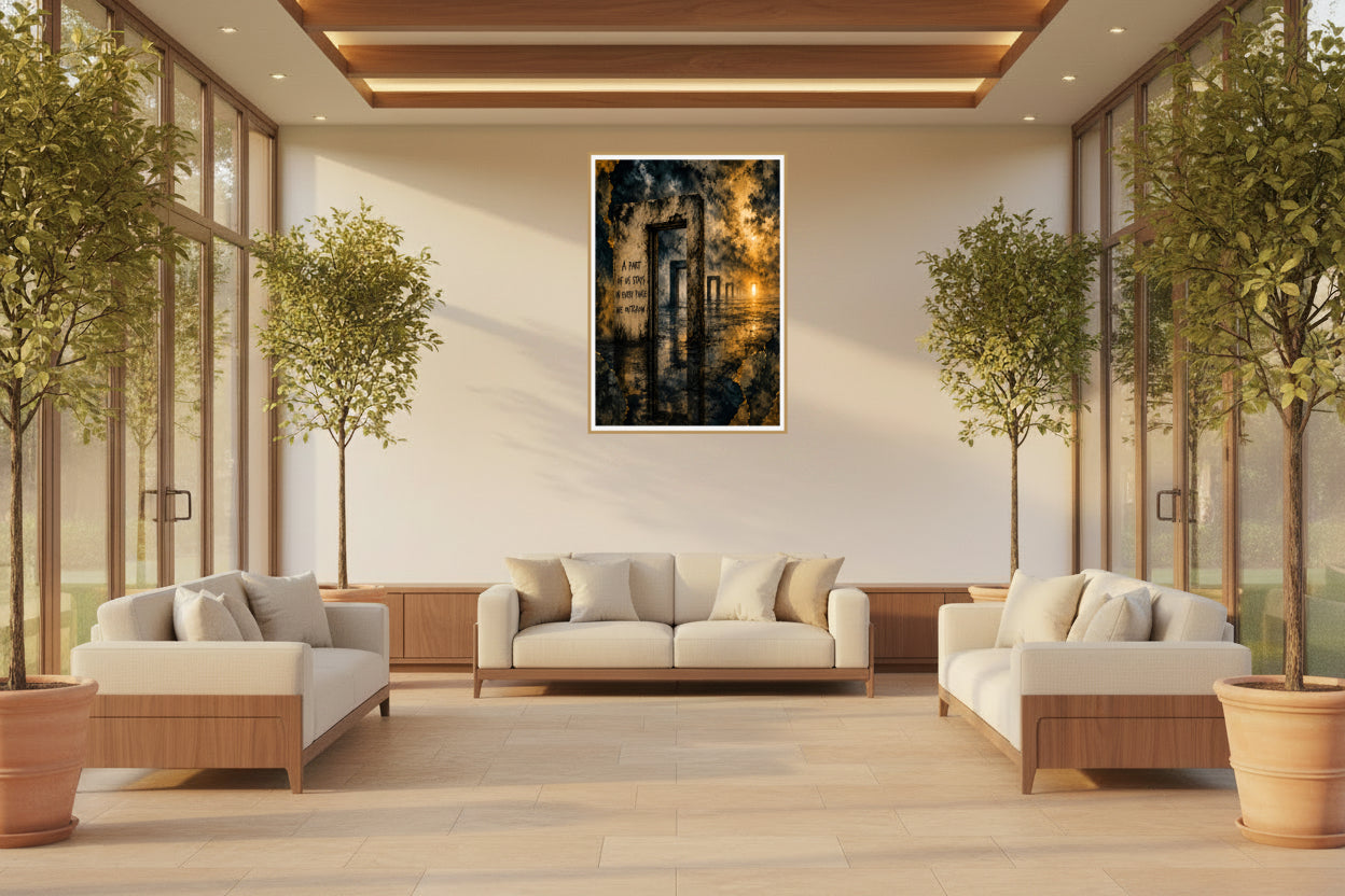 Becoming – Symbolic doorways stretching into the distance, representing personal growth, transformation, and the journey between past versions of ourselves and who we are becoming.