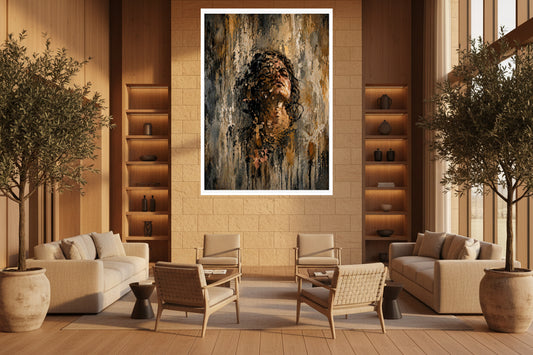 An expressive textured portrait symbolising personal growth, resilience, and transformation. Emerging through layers of struggle and experience, the piece reflects the quiet strength found while becoming who you are meant to be.