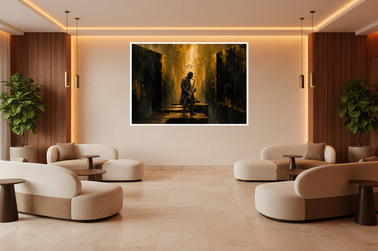 A lone saxophone player stands between towering dark walls beneath a glowing golden ring and warm light.