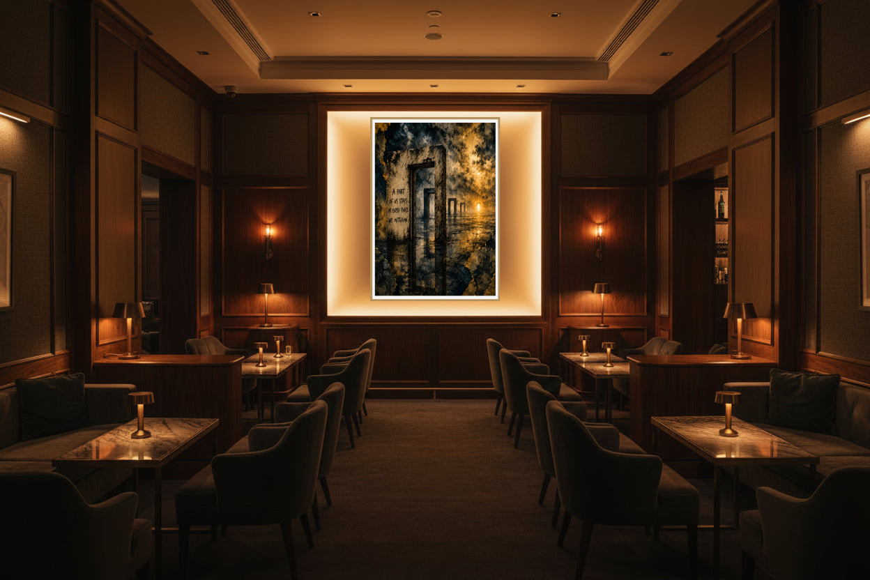 Becoming – Symbolic doorways stretching into the distance, representing personal growth, transformation, and the journey between past versions of ourselves and who we are becoming.