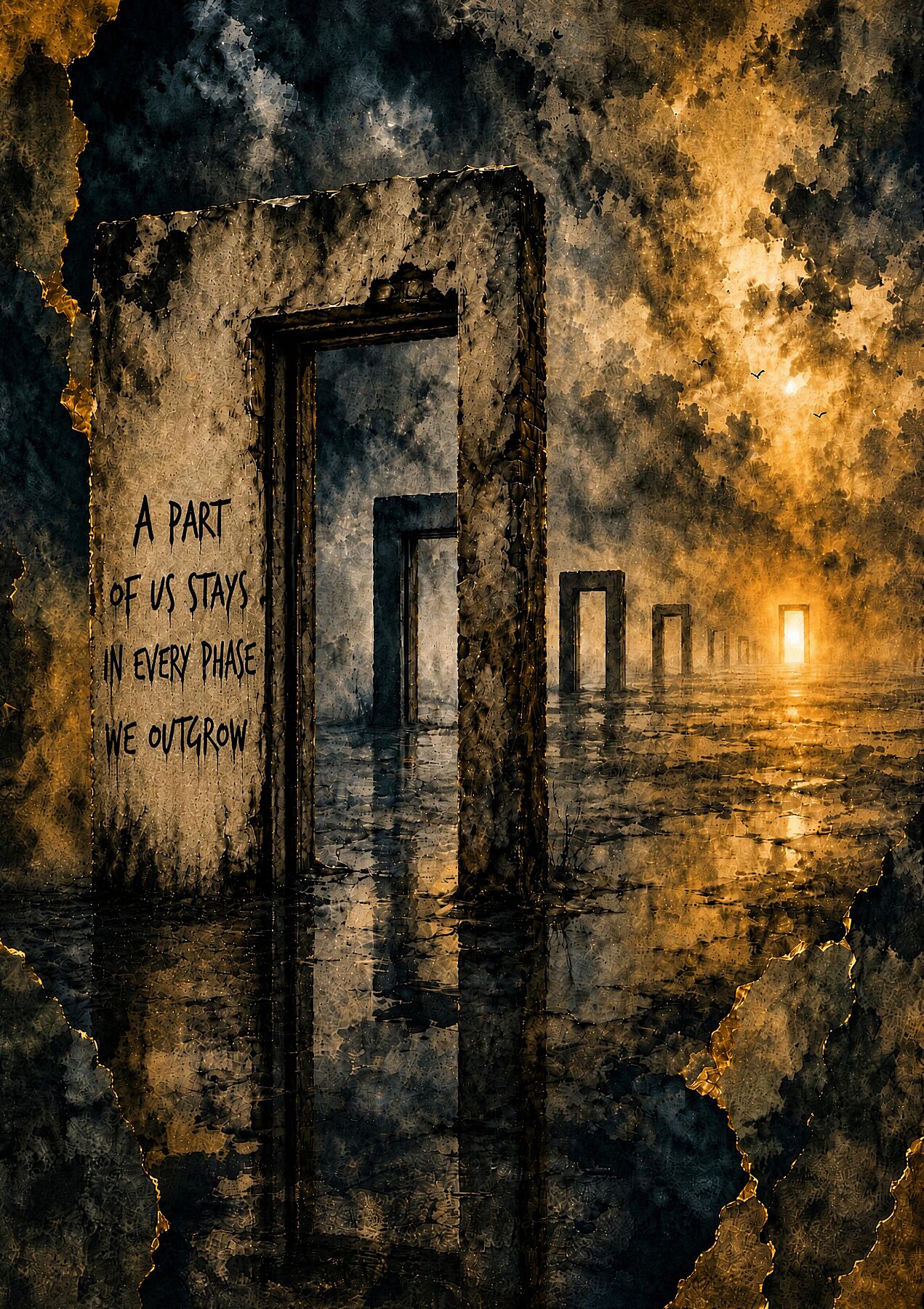 Becoming – Symbolic doorways stretching into the distance, representing personal growth, transformation, and the journey between past versions of ourselves and who we are becoming.
