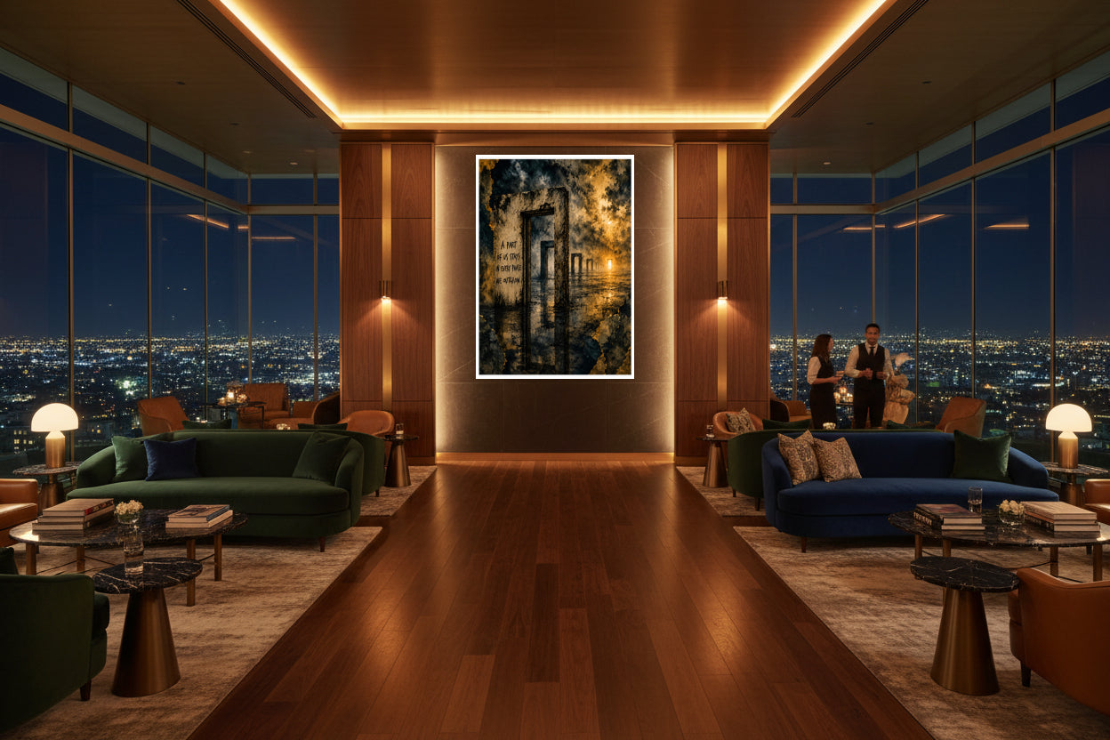 Becoming – Symbolic doorways stretching into the distance, representing personal growth, transformation, and the journey between past versions of ourselves and who we are becoming.
