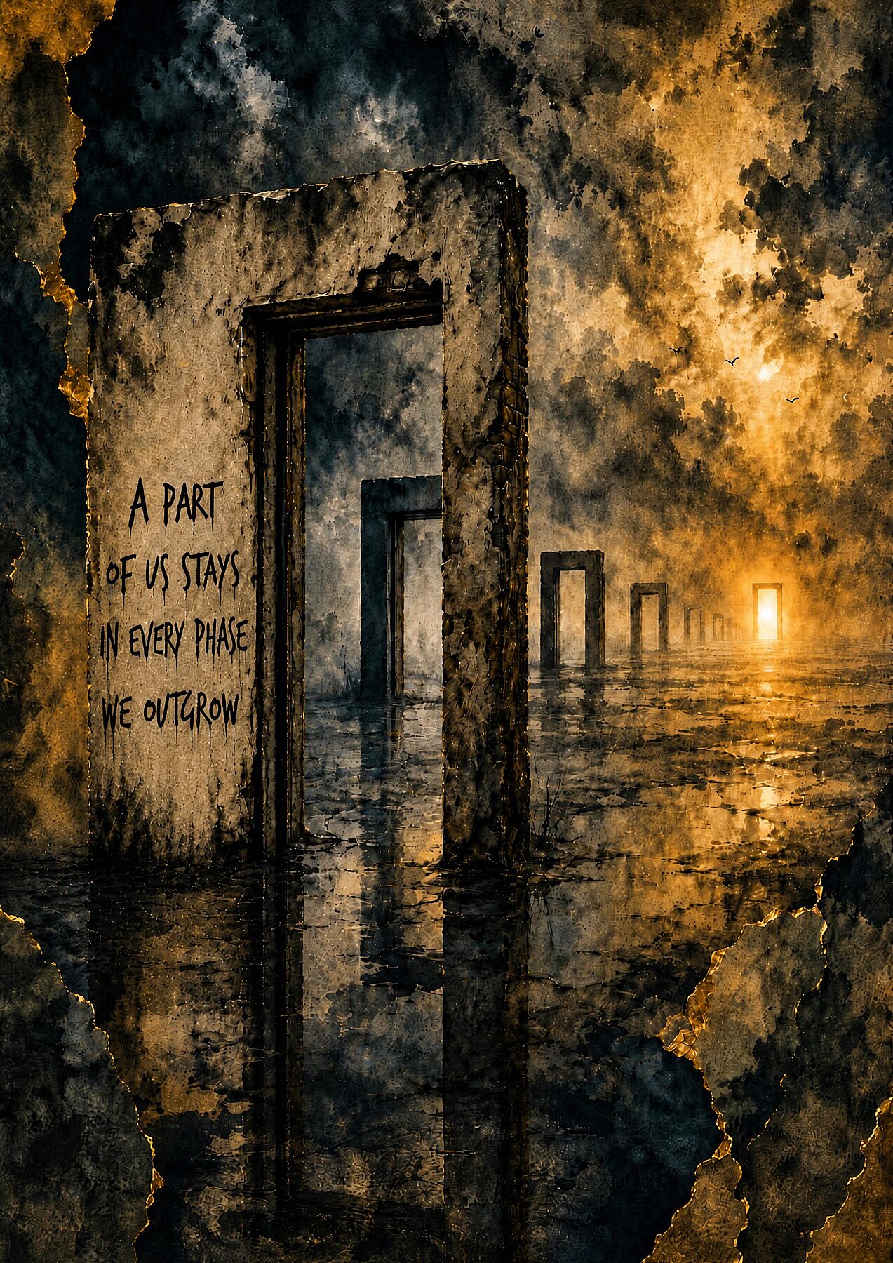 Becoming – Symbolic doorways stretching into the distance, representing personal growth, transformation, and the journey between past versions of ourselves and who we are becoming.

