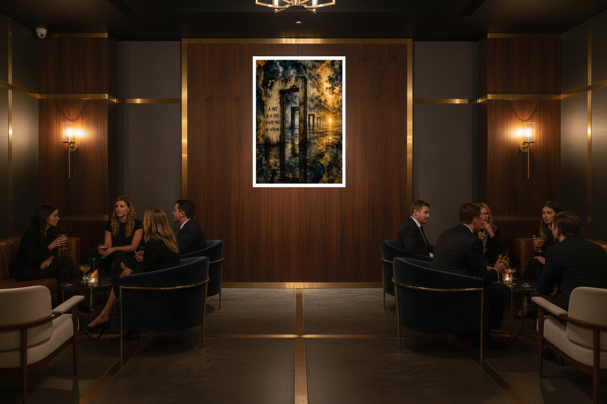 Becoming – Symbolic doorways stretching into the distance, representing personal growth, transformation, and the journey between past versions of ourselves and who we are becoming.
