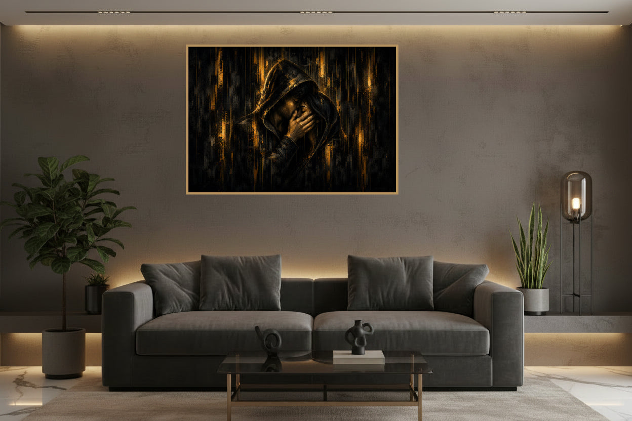 Between Us — two lovers beneath one hood sharing an intimate embrace in dark gold and black.