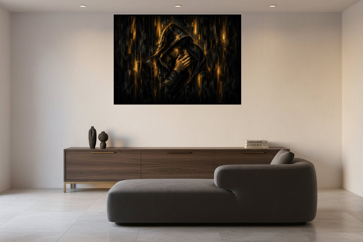 Between Us — two lovers beneath one hood sharing an intimate embrace in dark gold and black.
