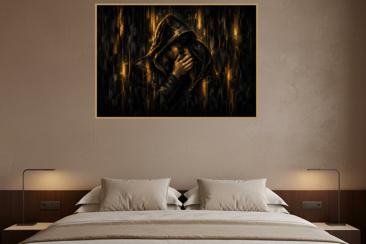 Between Us — two lovers beneath one hood sharing an intimate embrace in dark gold and black.