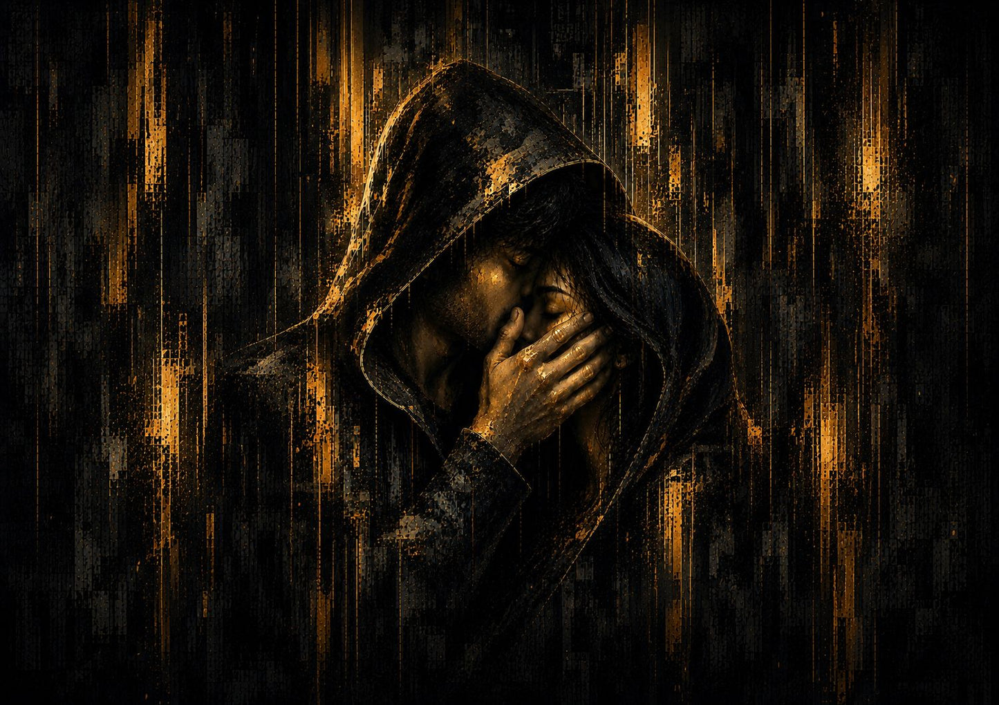 Between Us — two lovers beneath one hood sharing an intimate embrace in dark gold and black.