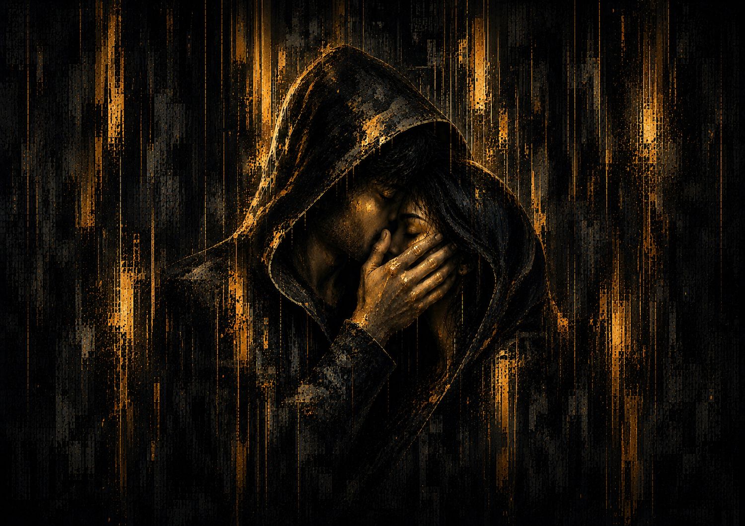 Between Us — two lovers beneath one hood sharing an intimate embrace in dark gold and black.