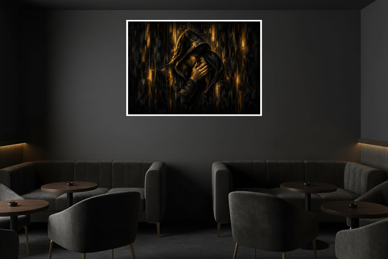 Between Us — two lovers beneath one hood sharing an intimate embrace in dark gold and black.