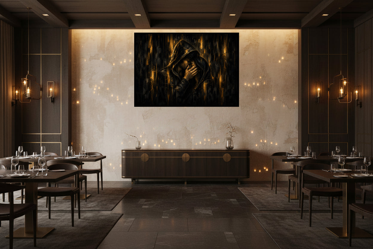 Between Us — two lovers beneath one hood sharing an intimate embrace in dark gold and black.