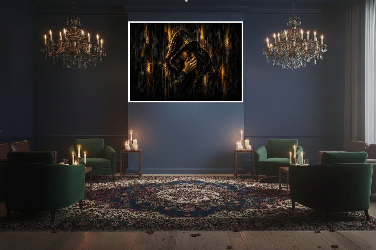 Between Us — two lovers beneath one hood sharing an intimate embrace in dark gold and black.