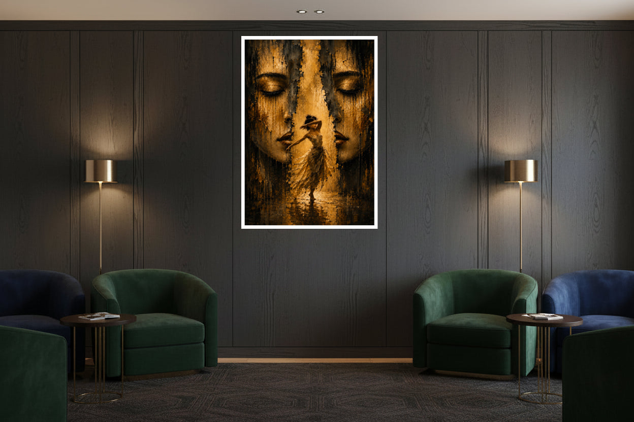 Woman dancing with her arm across her face between two large closed female faces, painted in dark gold and black.