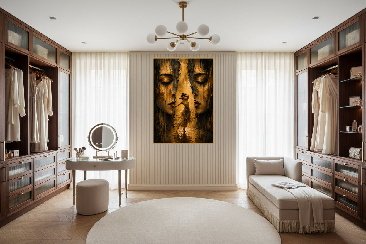 Woman dancing with her arm across her face between two large closed female faces, painted in dark gold and black.