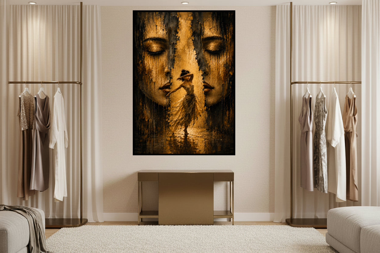 Woman dancing with her arm across her face between two large closed female faces, painted in dark gold and black.