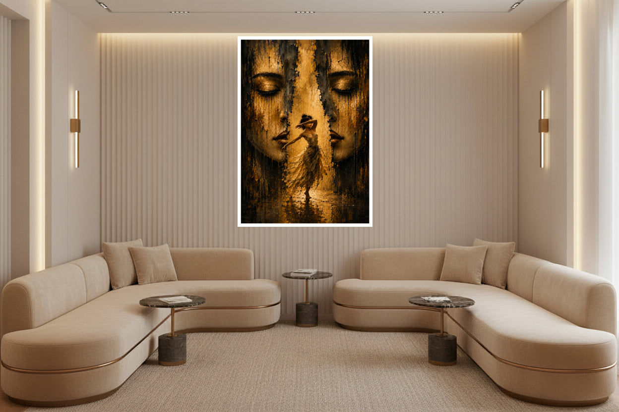 Woman dancing with her arm across her face between two large closed female faces, painted in dark gold and black.