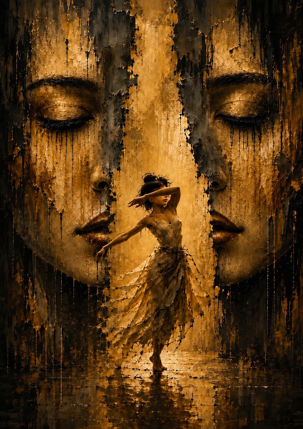 Woman dancing with her arm across her face between two large closed female faces, painted in dark gold and black.