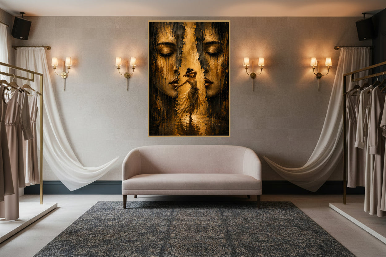 Woman dancing with her arm across her face between two large closed female faces, painted in dark gold and black.