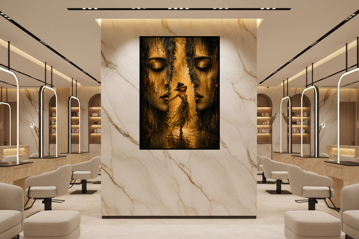 Woman dancing with her arm across her face between two large closed female faces, painted in dark gold and black.