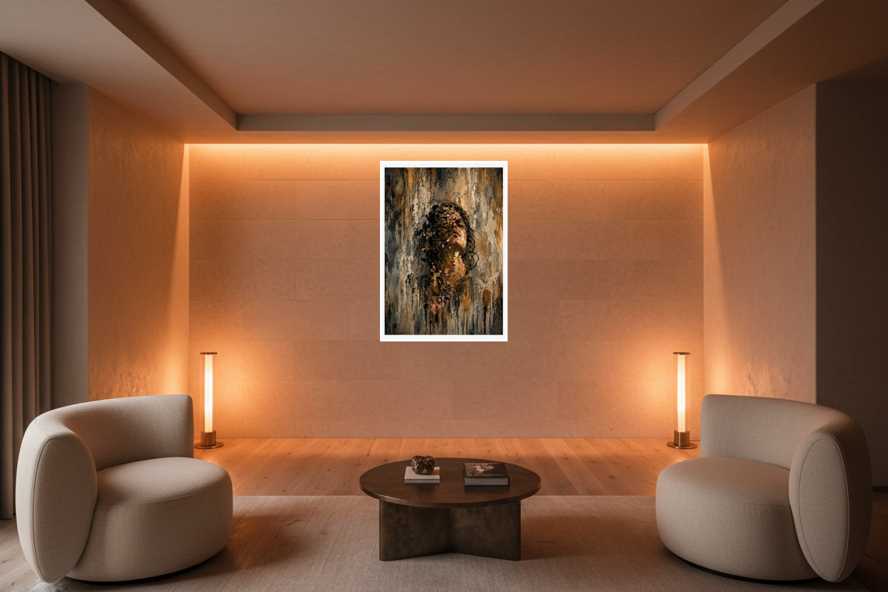 An expressive textured portrait symbolising personal growth, resilience, and transformation. Emerging through layers of struggle and experience, the piece reflects the quiet strength found while becoming who you are meant to be.