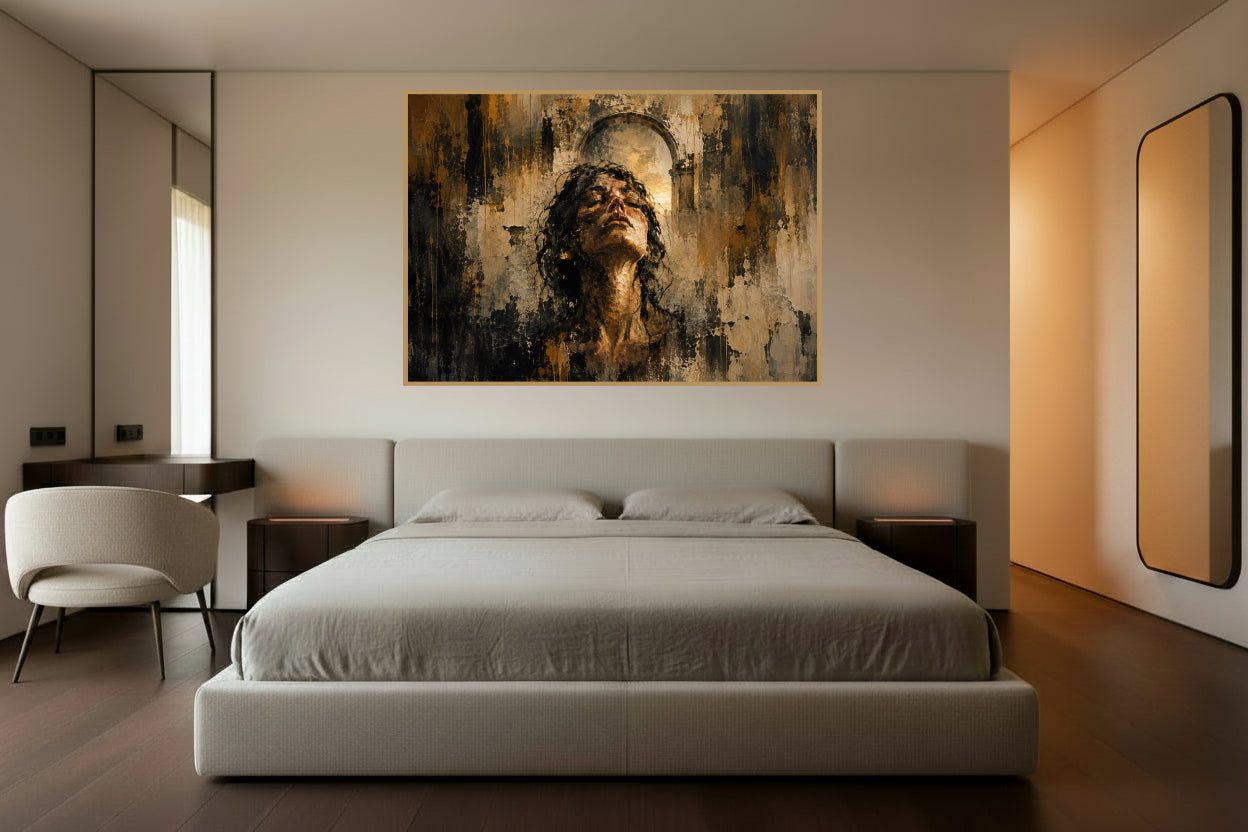 Textured painting of a woman lifting her face towards warm light beneath an archway.