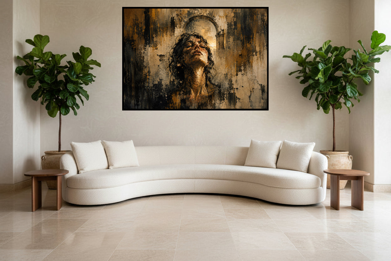 Textured painting of a woman lifting her face towards warm light beneath an archway.