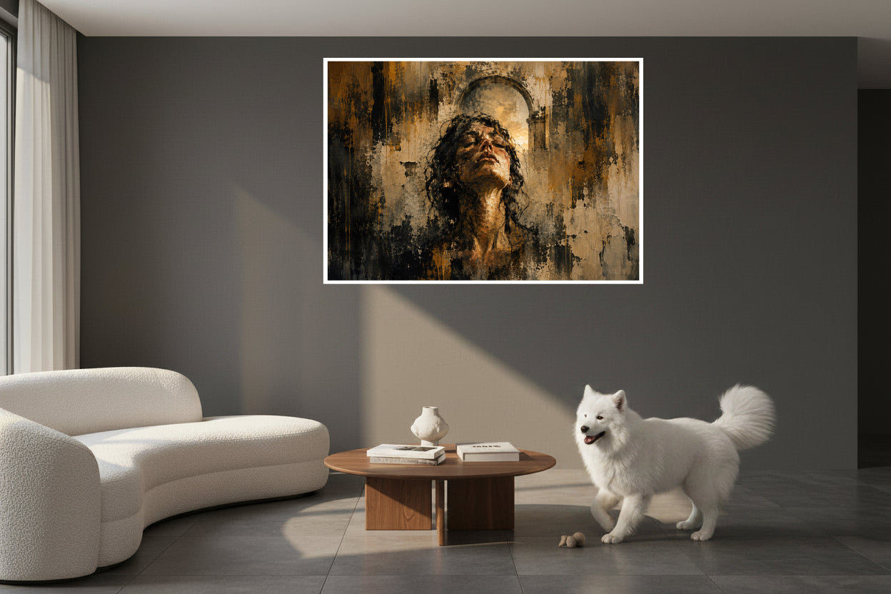 Textured painting of a woman lifting her face towards warm light beneath an archway.