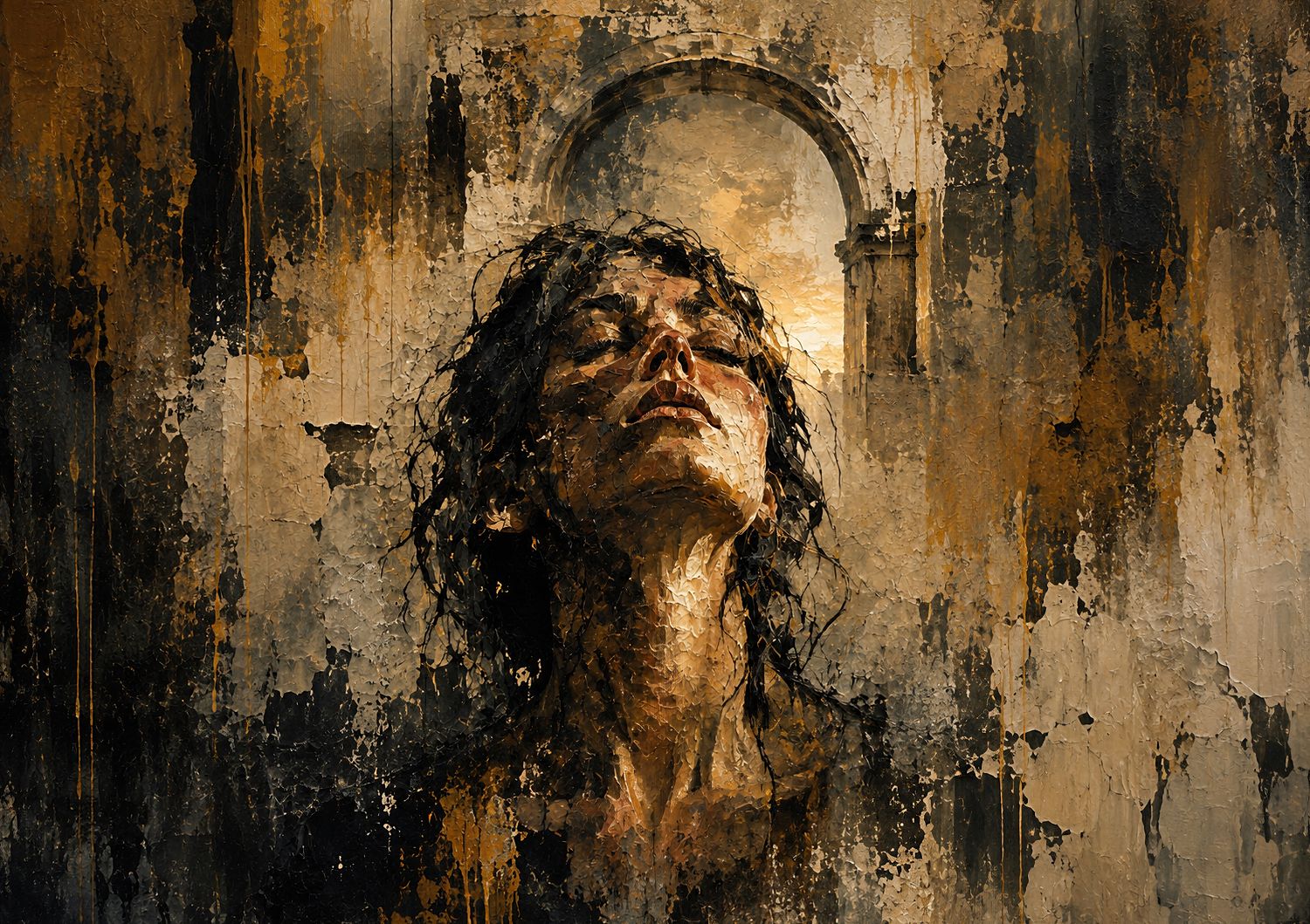 Textured painting of a woman lifting her face towards warm light beneath an archway.