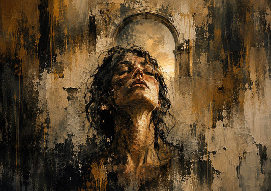 Textured painting of a woman lifting her face towards warm light beneath an archway.