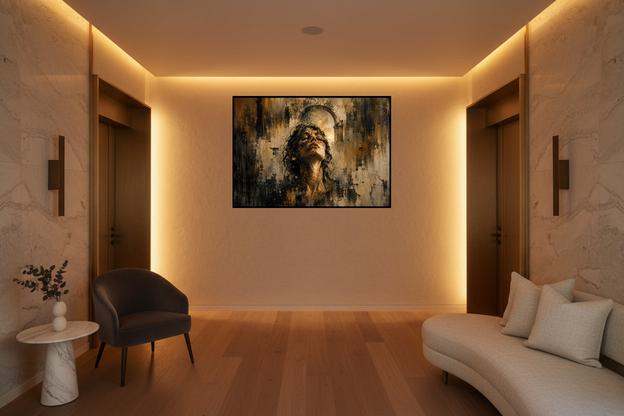 Textured painting of a woman lifting her face towards warm light beneath an archway.