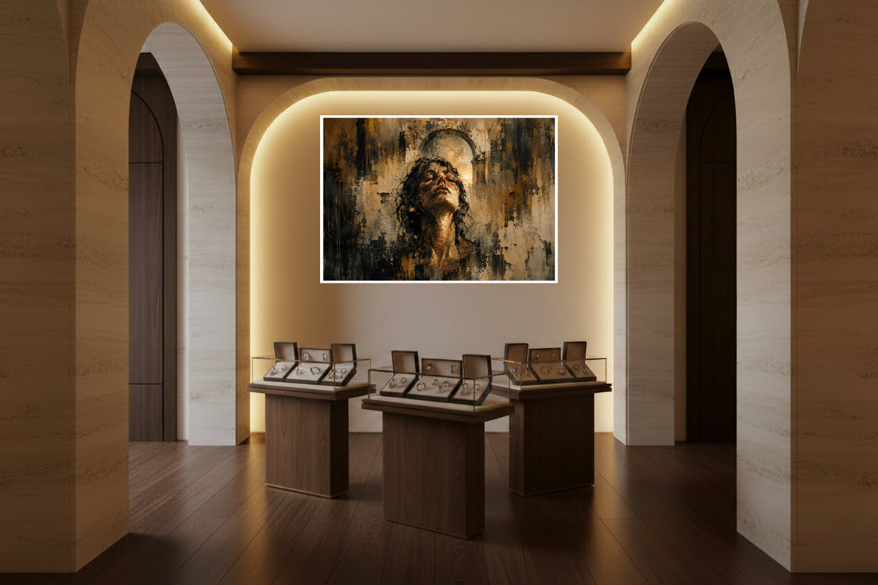 Textured painting of a woman lifting her face towards warm light beneath an archway.