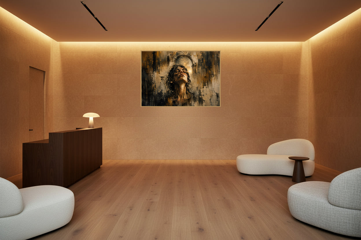 Textured painting of a woman lifting her face towards warm light beneath an archway.