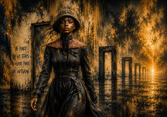 A courageous woman walking forward through a series of dark doorways towards a distant golden light.