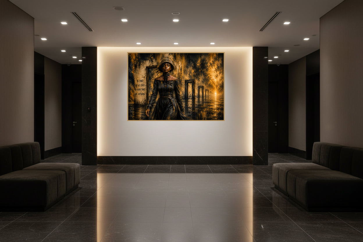 A courageous woman walking forward through a series of dark doorways towards a distant golden light.