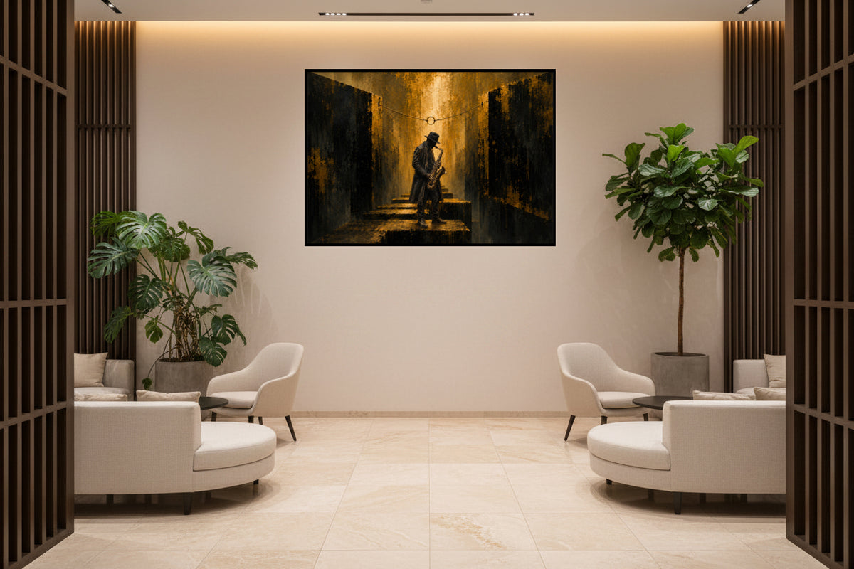 A lone saxophone player stands between towering dark walls beneath a glowing golden ring and warm light.