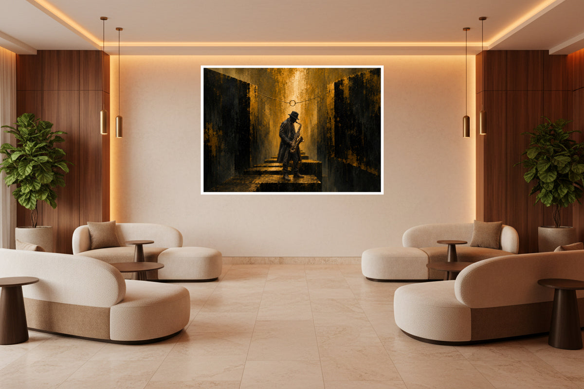 A lone saxophone player stands between towering dark walls beneath a glowing golden ring and warm light.