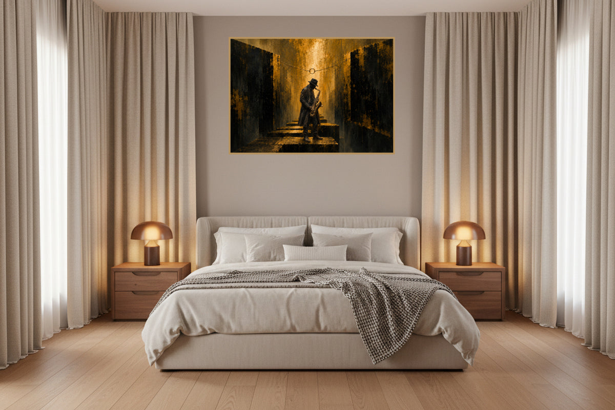 A lone saxophone player stands between towering dark walls beneath a glowing golden ring and warm light.