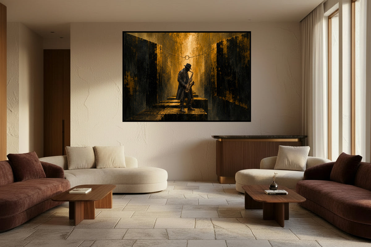 A lone saxophone player stands between towering dark walls beneath a glowing golden ring and warm light.