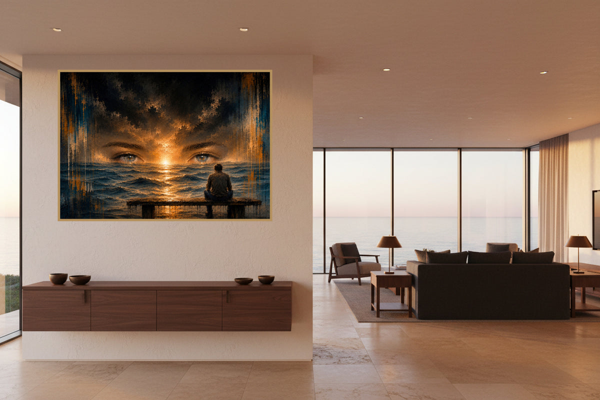 A solitary man sits by the sea beneath the fading eyes of a loved one, where memory and the horizon become one in a warm, painterly sunset.
