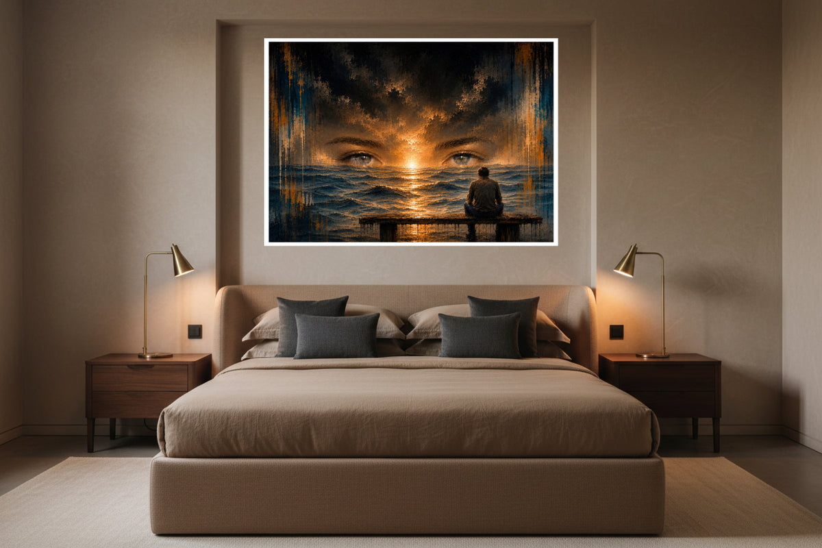 A solitary man sits by the sea beneath the fading eyes of a loved one, where memory and the horizon become one in a warm, painterly sunset.