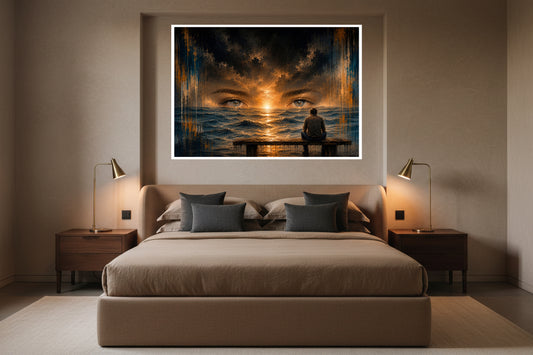 A solitary man sits by the sea beneath the fading eyes of a loved one, where memory and the horizon become one in a warm, painterly sunset.