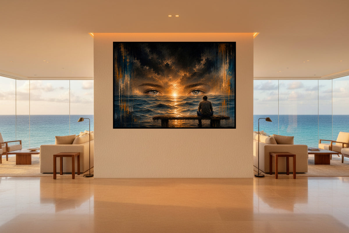 A solitary man sits by the sea beneath the fading eyes of a loved one, where memory and the horizon become one in a warm, painterly sunset.
