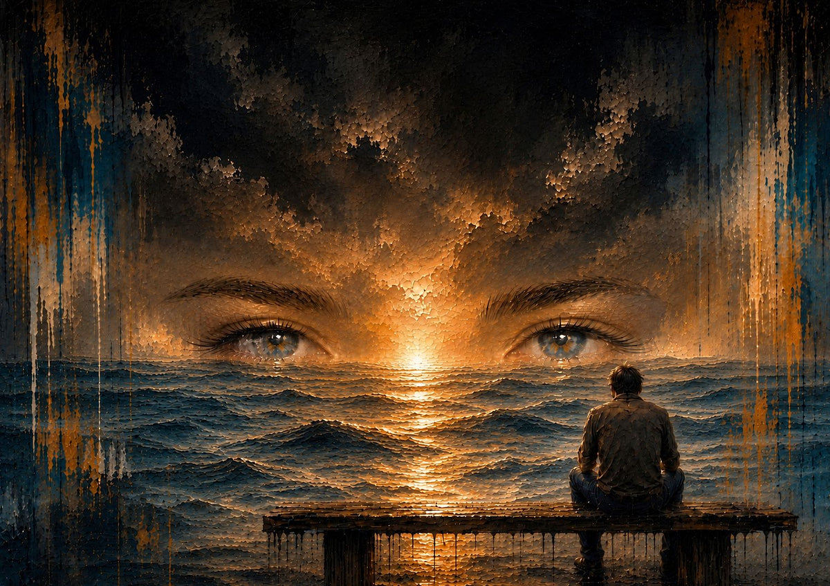A solitary man sits by the sea beneath the fading eyes of a loved one, where memory and the horizon become one in a warm, painterly sunset.