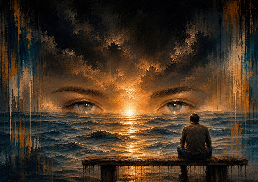 A solitary man sits by the sea beneath the fading eyes of a loved one, where memory and the horizon become one in a warm, painterly sunset.