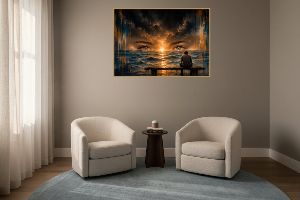 A solitary man sits by the sea beneath the fading eyes of a loved one, where memory and the horizon become one in a warm, painterly sunset.