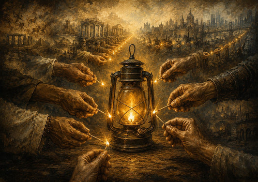 One Life showing hands of different generations and backgrounds passing a glowing lantern beneath a vast sky in a painterly watercolour style.