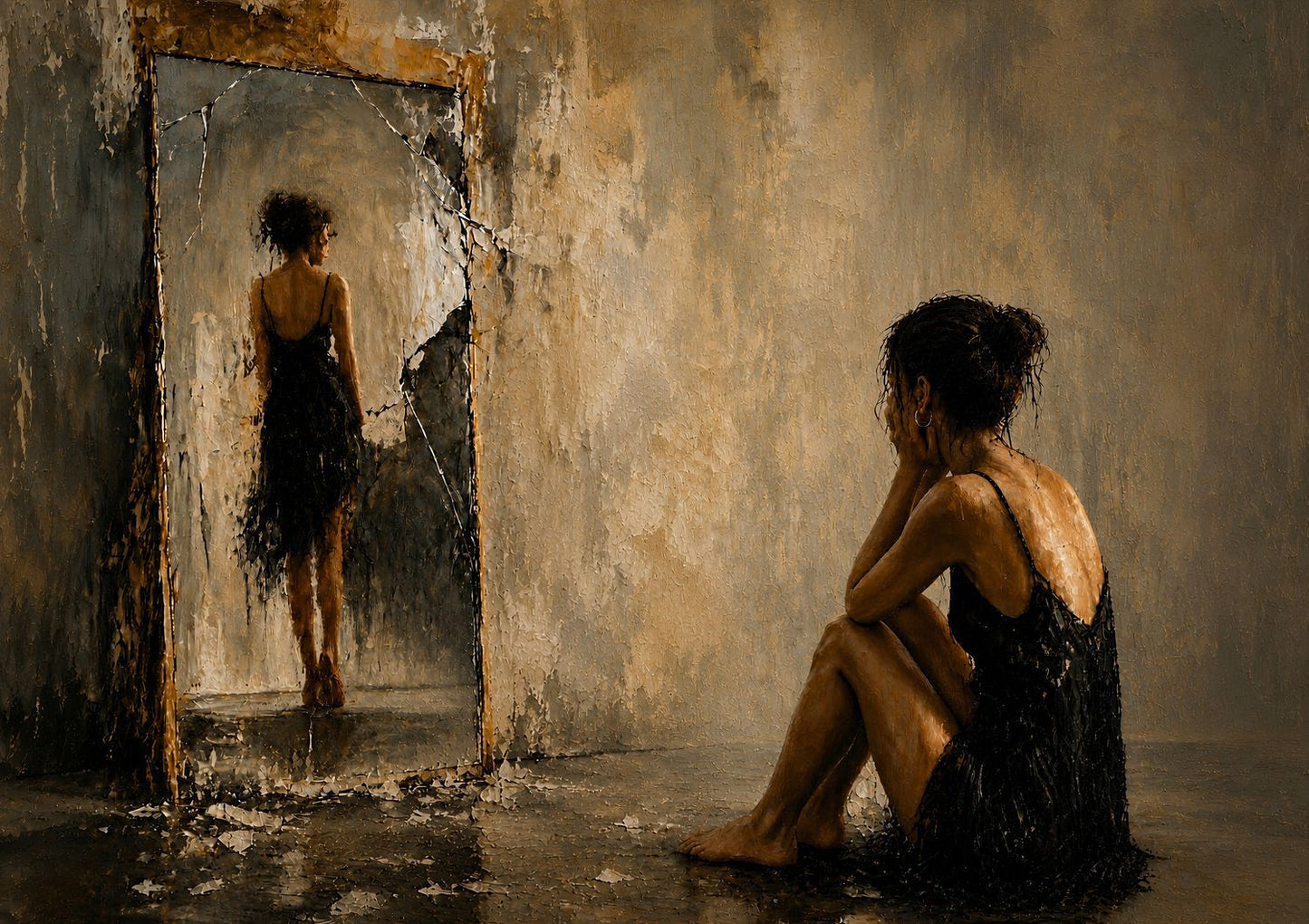 A woman gazes into a fractured mirror, her reflection scattered across broken glass in a dark, atmospheric watercolour  painting.