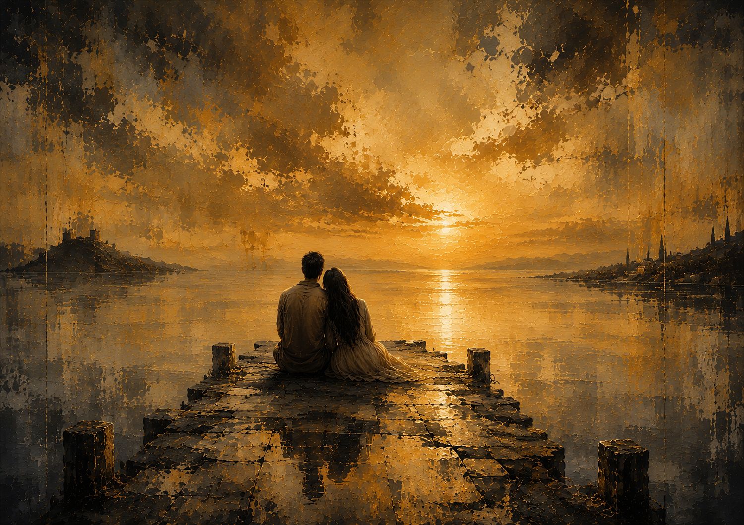 A couple sits together on a stone pier overlooking calm water and a golden sunset beneath a dramatic sky.