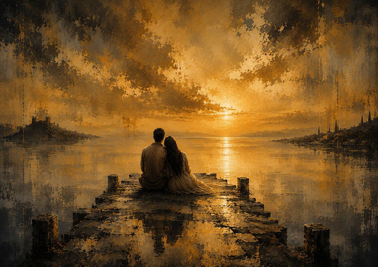 A couple sits together on a stone pier overlooking calm water and a golden sunset beneath a dramatic sky.