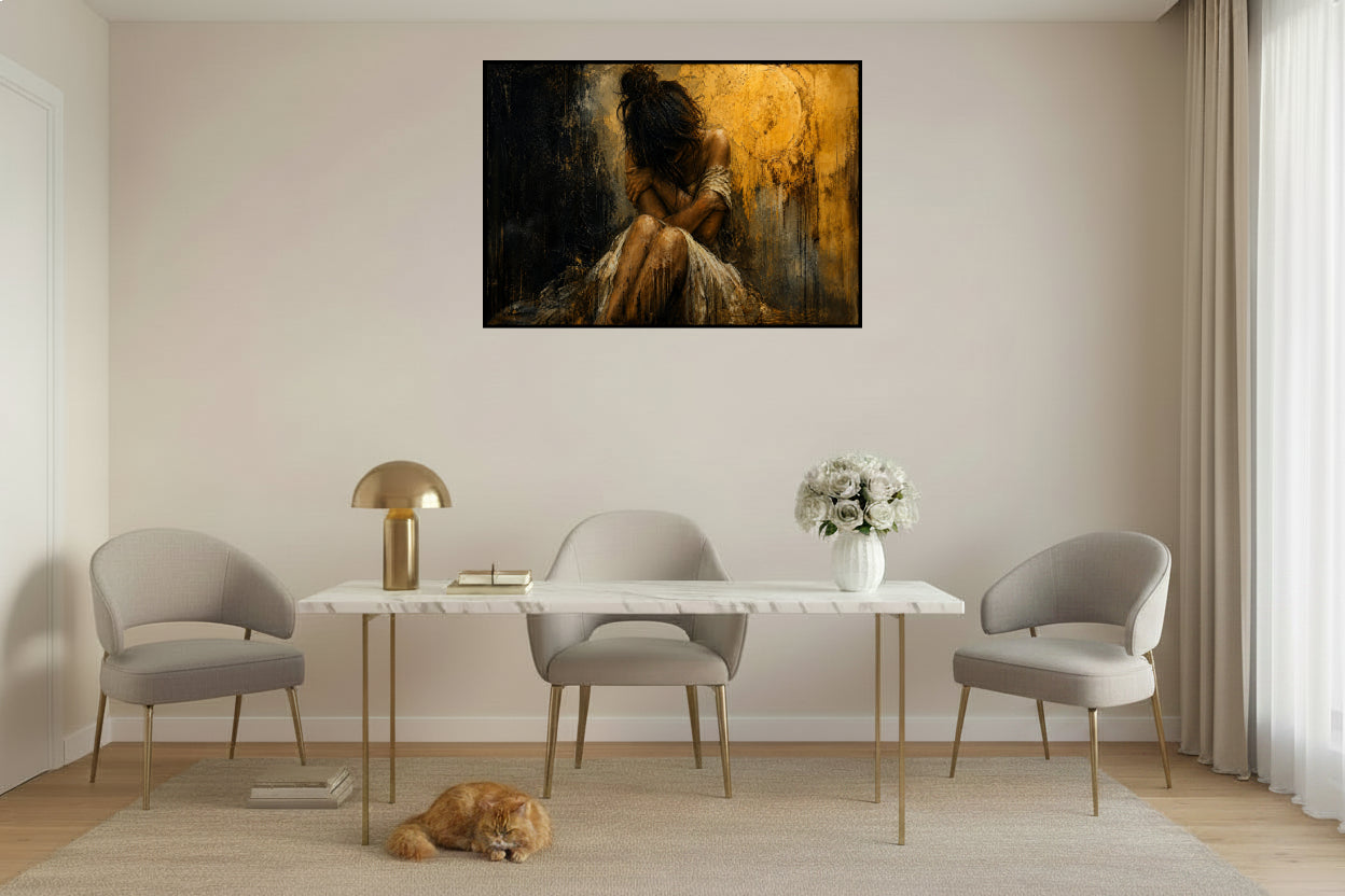 A solitary woman sits with her head bowed and arms wrapped around herself, illuminated by soft golden light against a dark, textured backdrop.